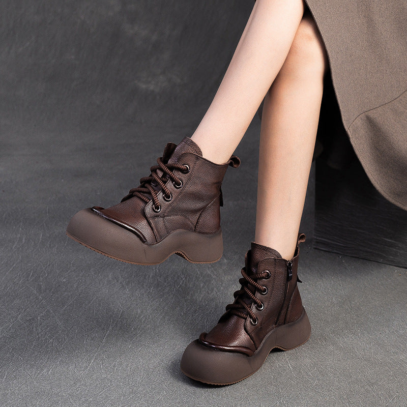 Women Solid Soft Leather Casual Thick Soled Boots-RAIIFY