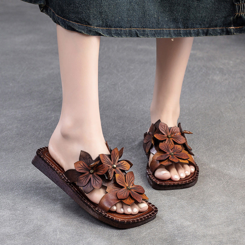 Women Retro Casual Flower Leather Flat Slides-RAIIFY