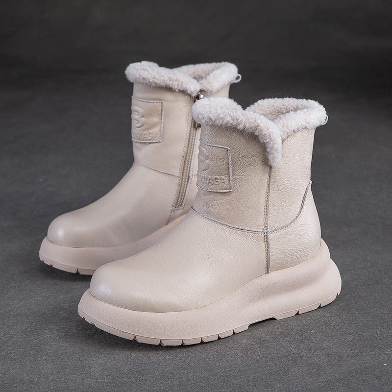 Women Simple Solid Leather Winter Furred Snow Boots-RAIIFY