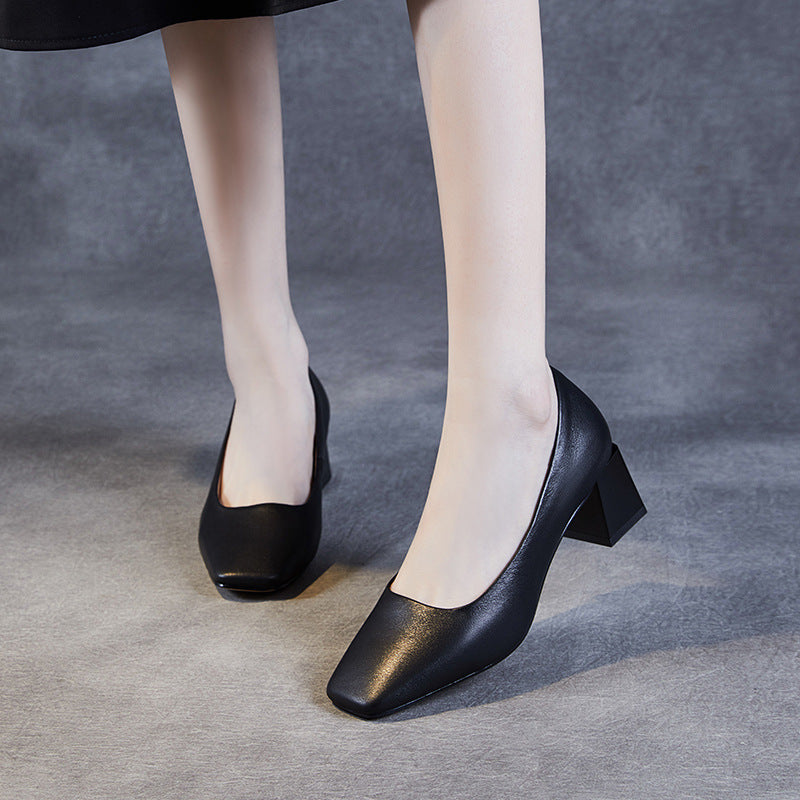Women Minimalist Leather Square Toe Chunky Heel Pumps-RAIIFY