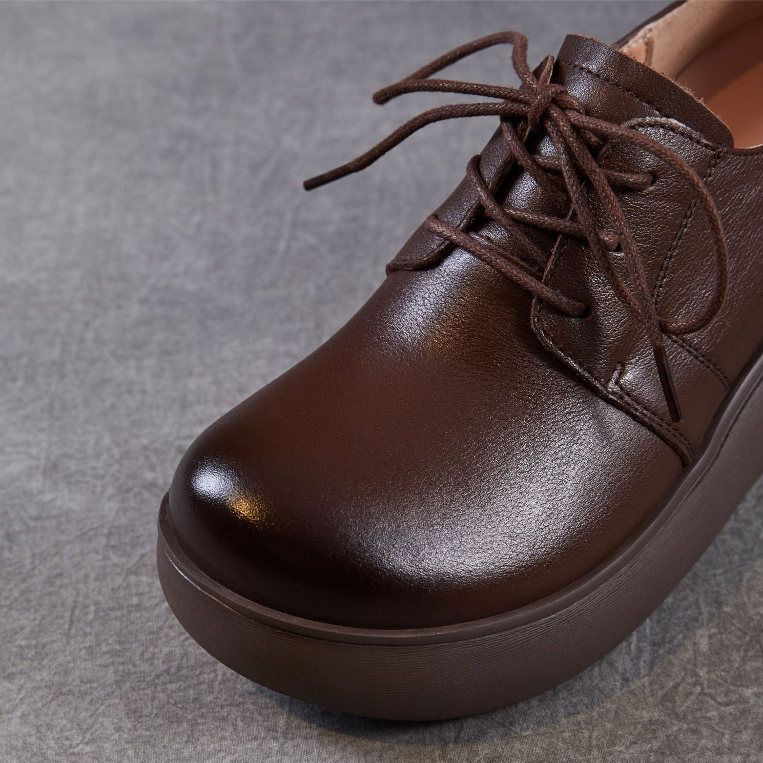 Women Genuine Leather Platform Round Toe Retro Comfort Loafers-RAIIFY