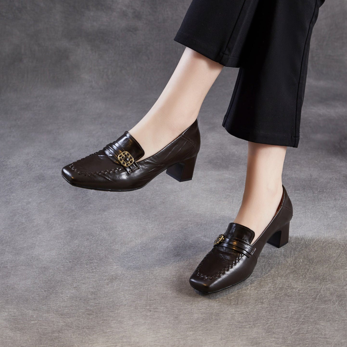 Women's Vintage Leather Block Heel Loafers-RAIIFY