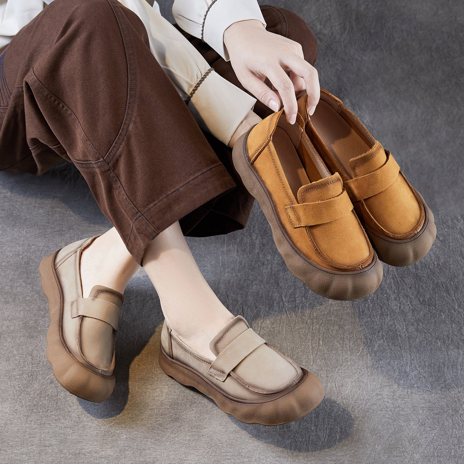 Women's Vintage Plain Leather Comfort Casual Loafers-RAIIFY