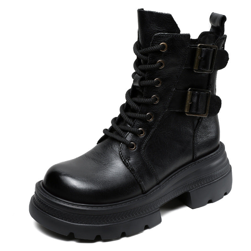 Women Vintage Leather Platform Combat Boots-RAIIFY