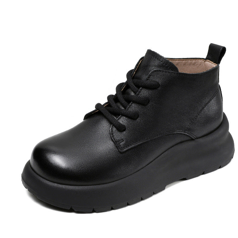 Women Retro Solid Leather Thick Soled Casual Shoes-RAIIFY