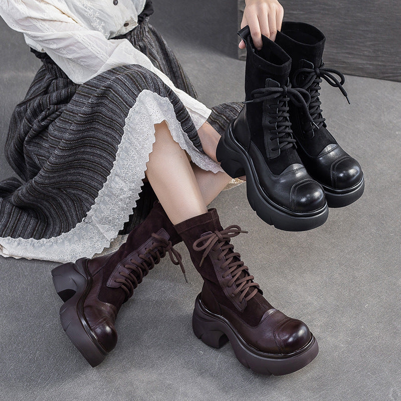 Women's Casual Leather Mid-Calf Platform Boots-RAIIFY