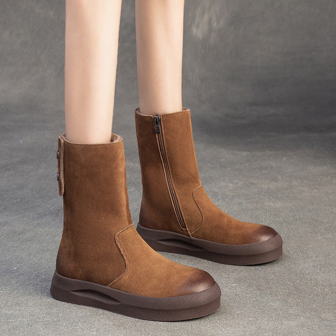 Botas de media caña de piel retro para mujer con forro polar