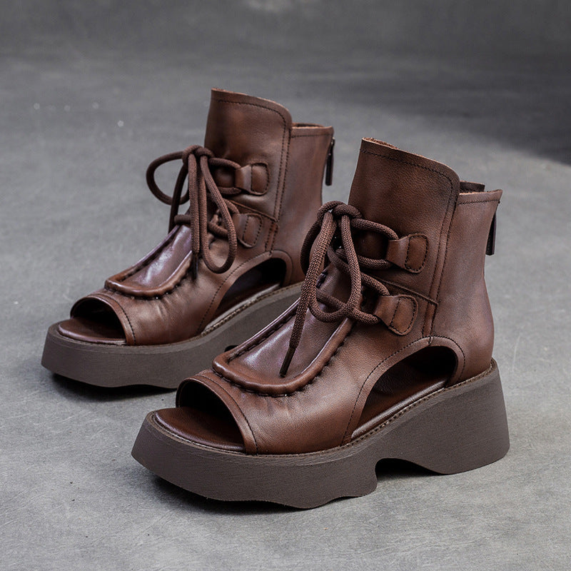 Women Retro Soft Leather High Top Platform Sandals-RAIIFY