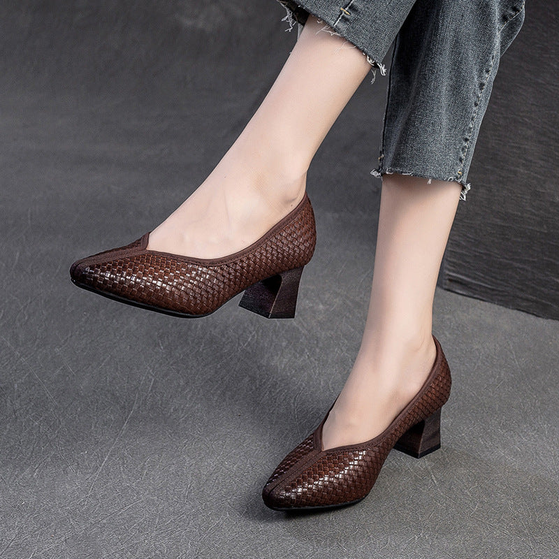 Women Retro Plaited Leather Chunky Heel Pumps-RAIIFY