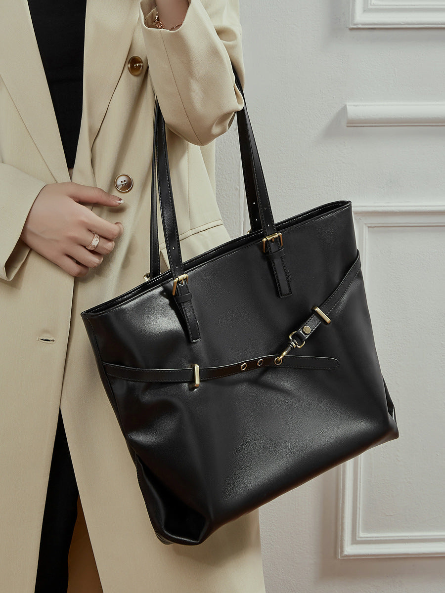 Women's Retro Plain Leather Shoulder Tote Bag-RAIIFY