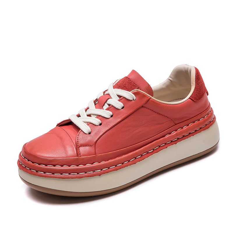 Women Fashion Plain Leather Thick Soled Casual Sneakers-RAIIFY