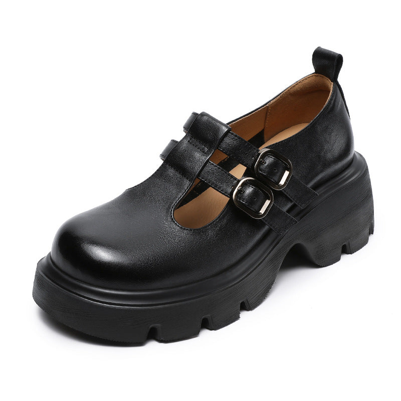 Women Solid Leather Buckle Thick Soled Mary Jane Shoes-RAIIFY