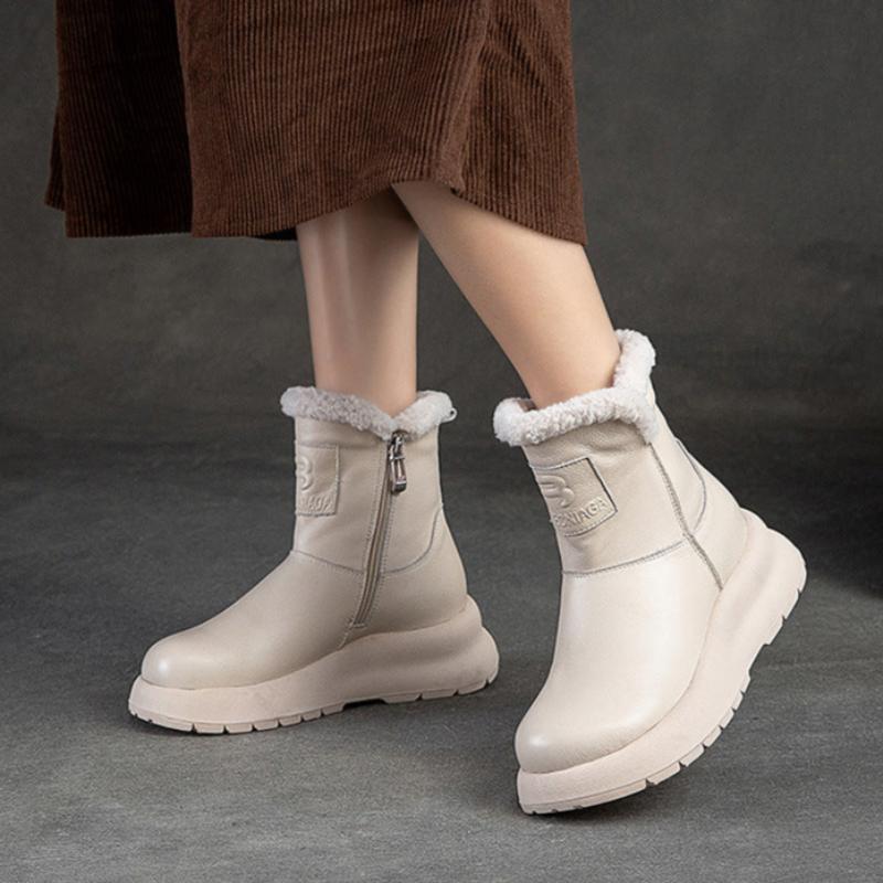 Women Simple Solid Leather Winter Furred Snow Boots-RAIIFY