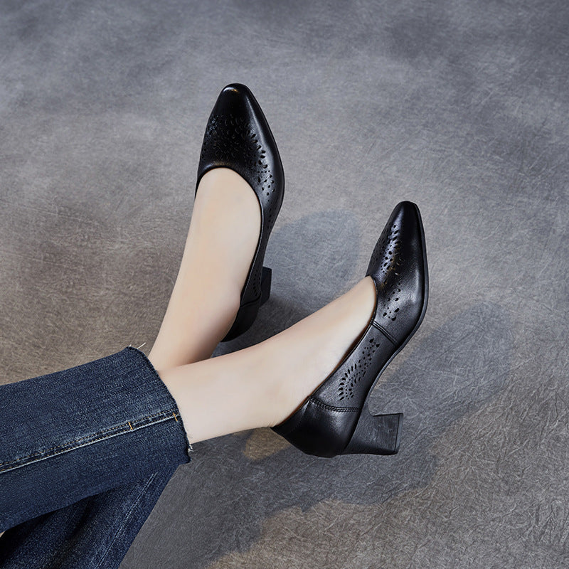 Women Hollow Leather Point Toe Chunky Heel Pumps-RAIIFY