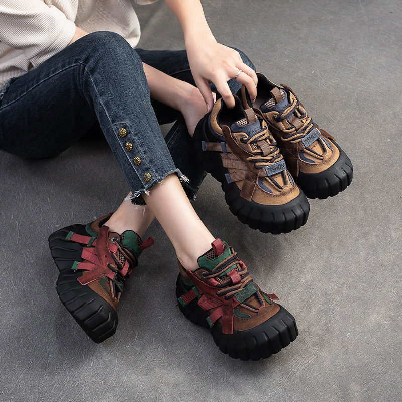 Women Retro Patchwork Leather Chunky Platform Sneakers-RAIIFY