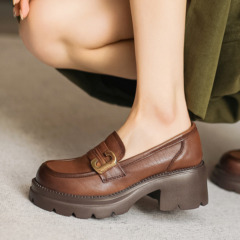 Women Retro Leather Chunky Lug Sole Loafers-RAIIFY