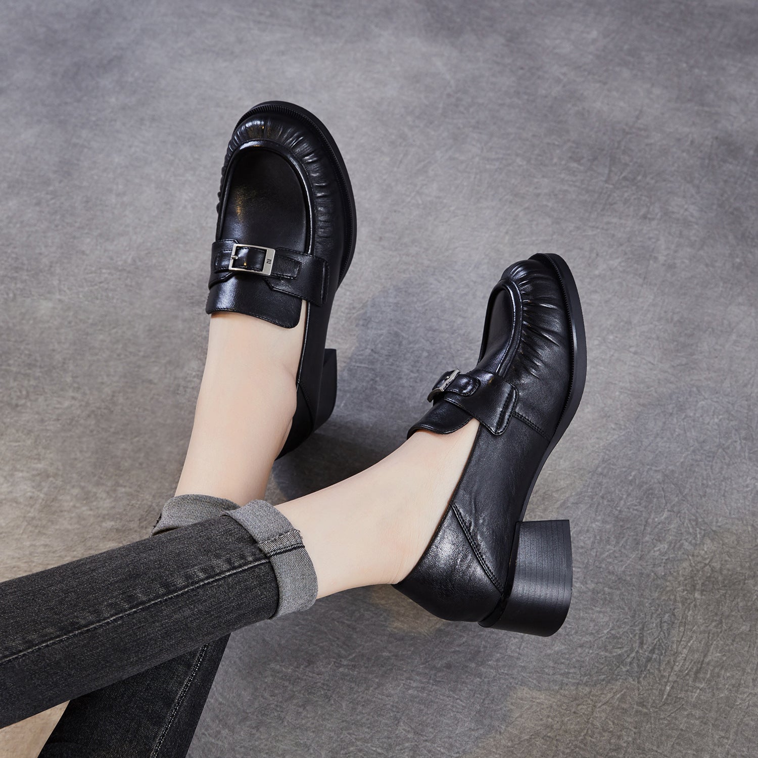 Women's Vintage Pleated Leather Chunky Heel Loafers-RAIIFY