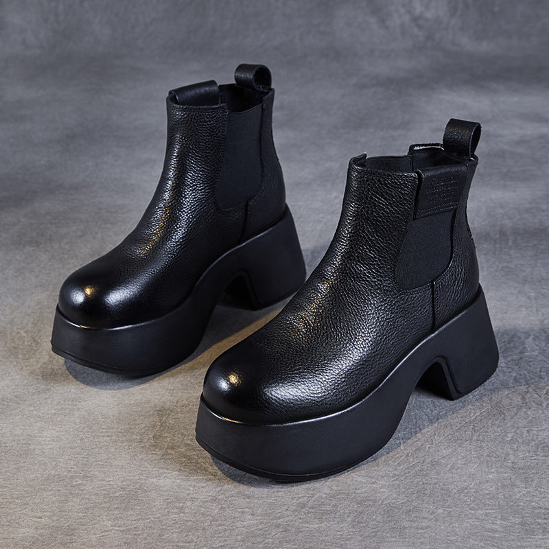 Women Vintage Solid Leather Minimalism Platform Boots-RAIIFY