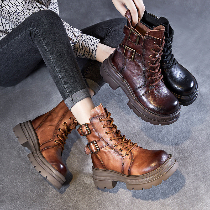 Women Vintage Leather Platform Combat Boots-RAIIFY