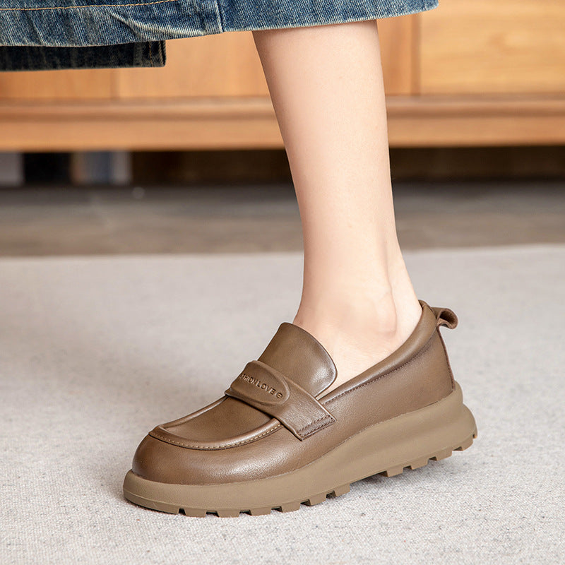 Women Retro Solid Leather Soft Casual Loafers-RAIIFY