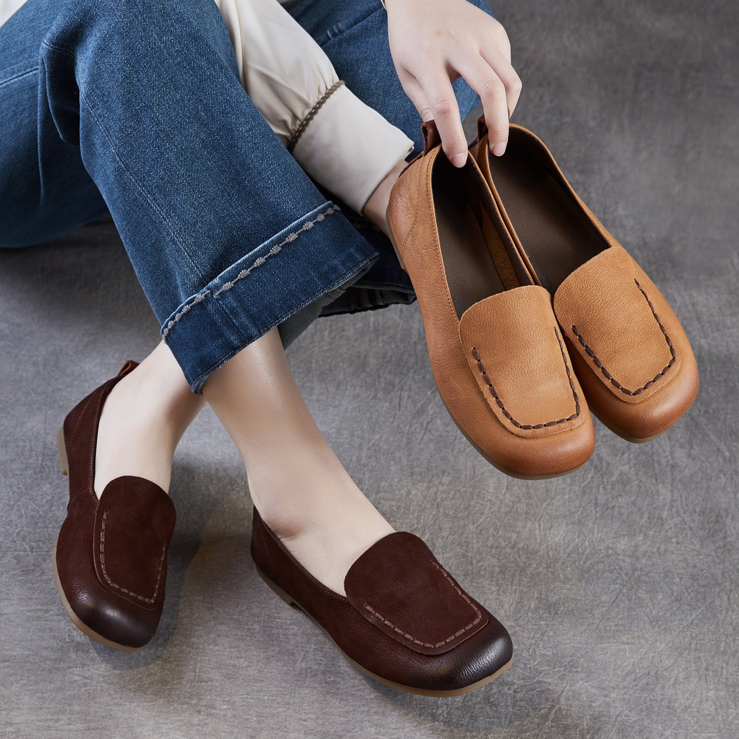 Women's Retro Plain Leather Flat Loafers-RAIIFY