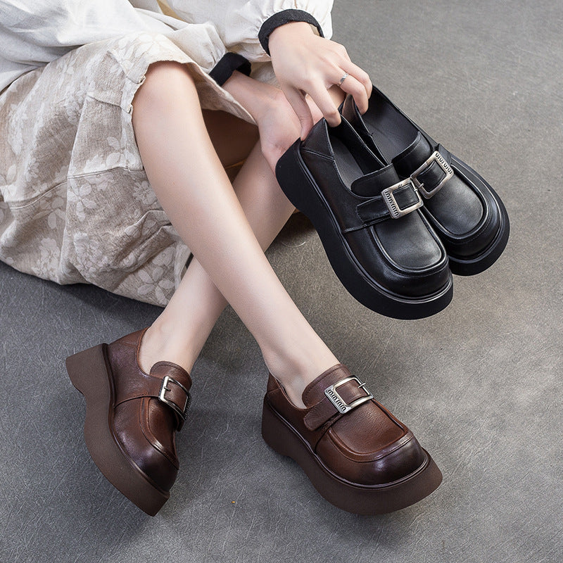 Women Minimalism Solid Leather Platform Casual Loafers-RAIIFY