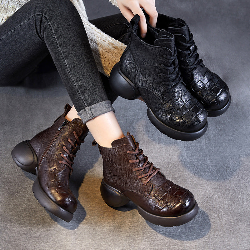 Women Handmade Plaited Soft Leather Retro Boots-RAIIFY