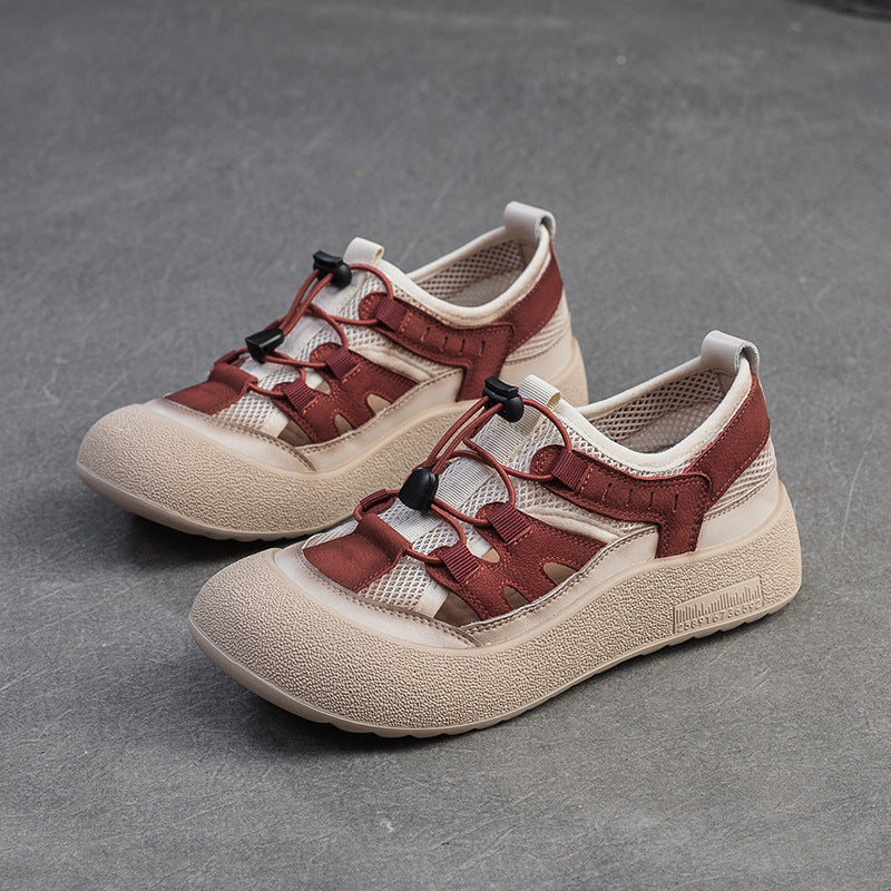 Women Hollow Mesh Leather Elastic Lace Casual Shoes-RAIIFY