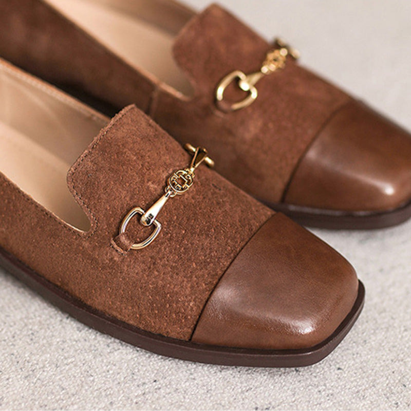 Women Retro Leather Square Head Casual Loafers-RAIIFY