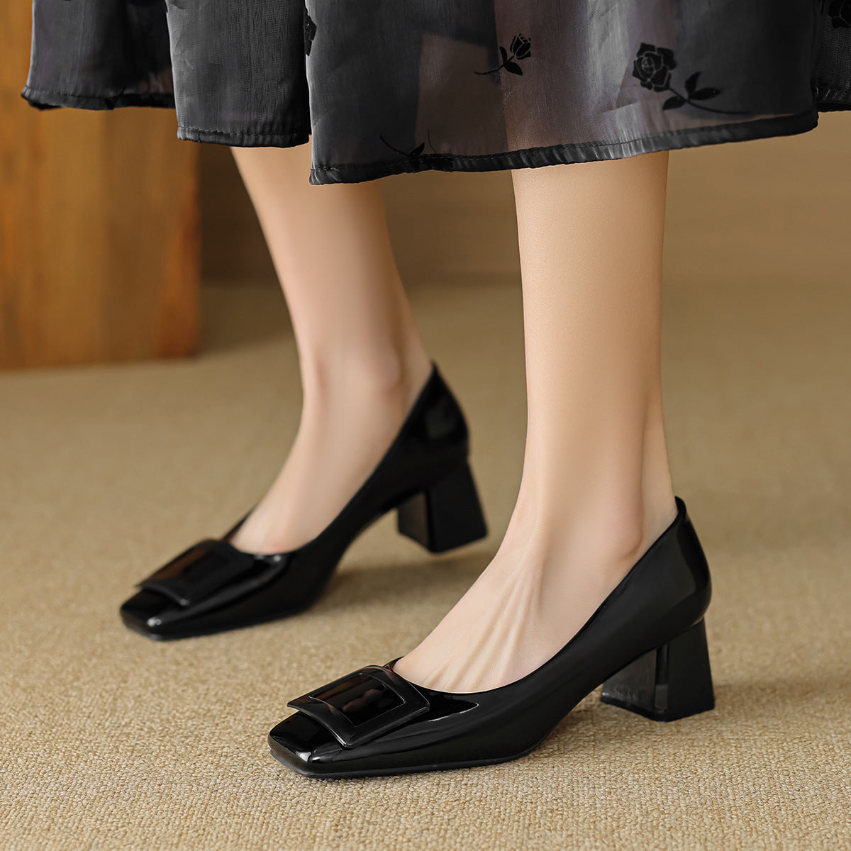 Women Fashion Glossy Leather Casual Chunky Heel Pumps-RAIIFY