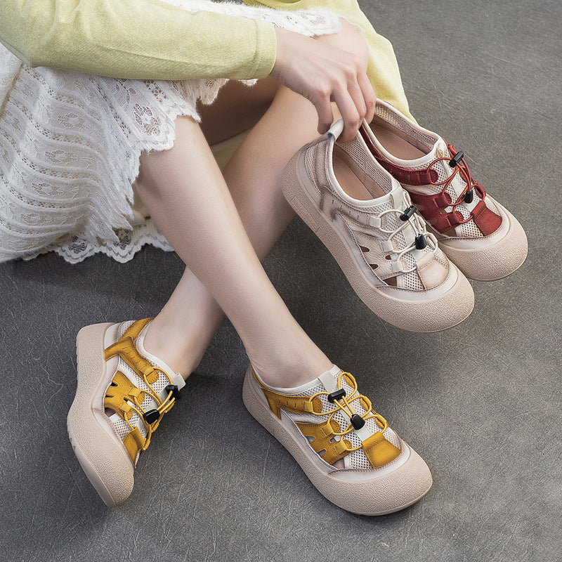 Women Hollow Mesh Leather Elastic Lace Casual Shoes-RAIIFY