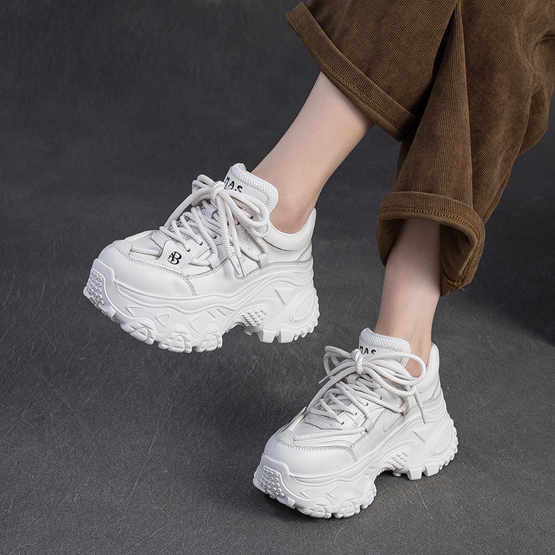 Women's Retro Plain Leather Chunky Platform Sneakers-RAIIFY
