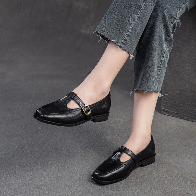 Women T-Strap Retro Leather Casual Loafers