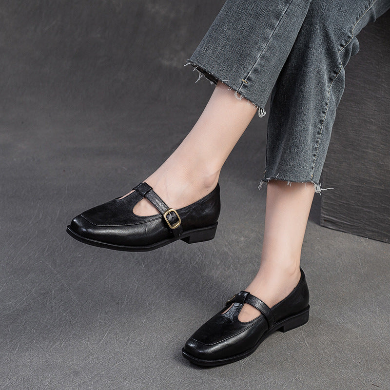 Women T-Strap Retro Leather Casual Loafers-RAIIFY