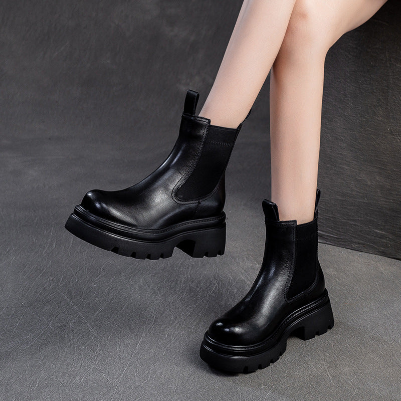 Women Minimalism Leather Casual Furred Platform Boots-RAIIFY