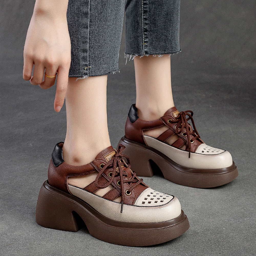 Women Summer Hollow Leather Chunky Heel Sandals-RAIIFY