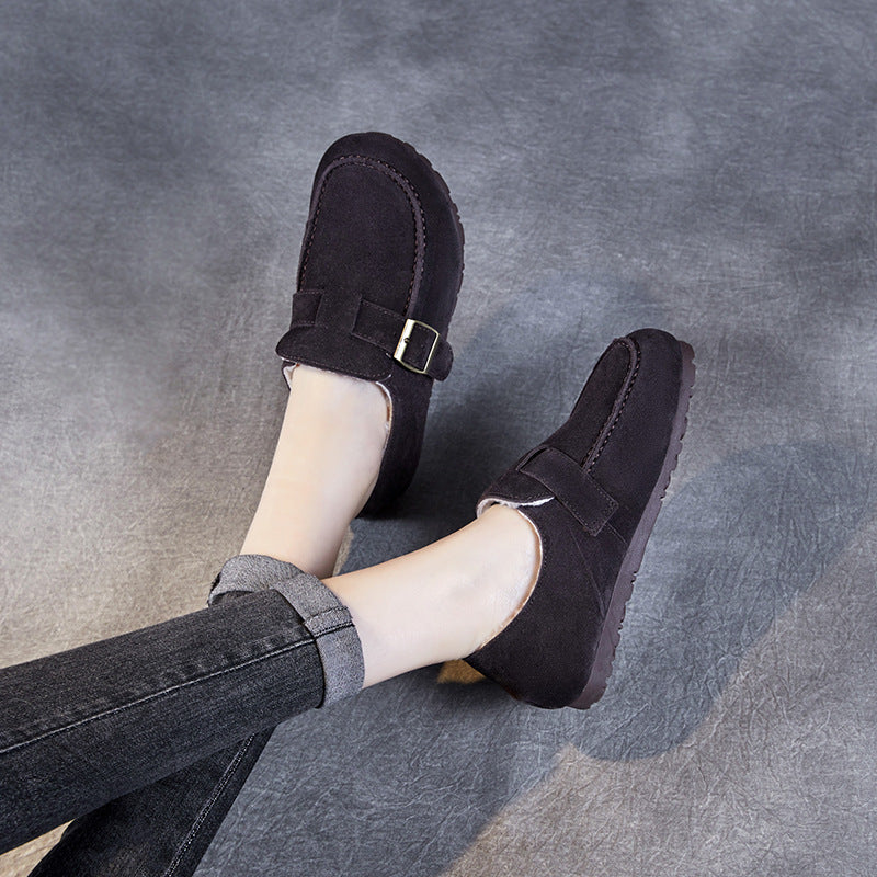 Women Retro Solid Suede Furred Flat Casual Shoes-RAIIFY