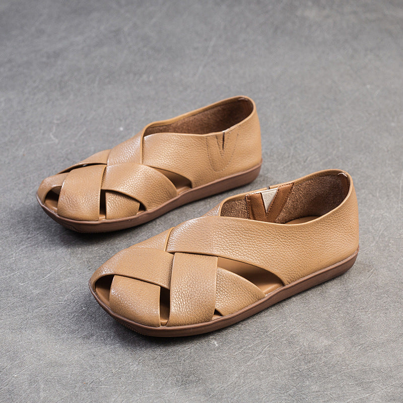 Women Retro Soft Leather Summer Flat Sandals-RAIIFY