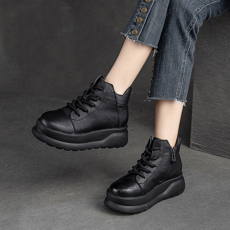 Women Retro Leather Furred Warm Platform Ankle Boots-RAIIFY