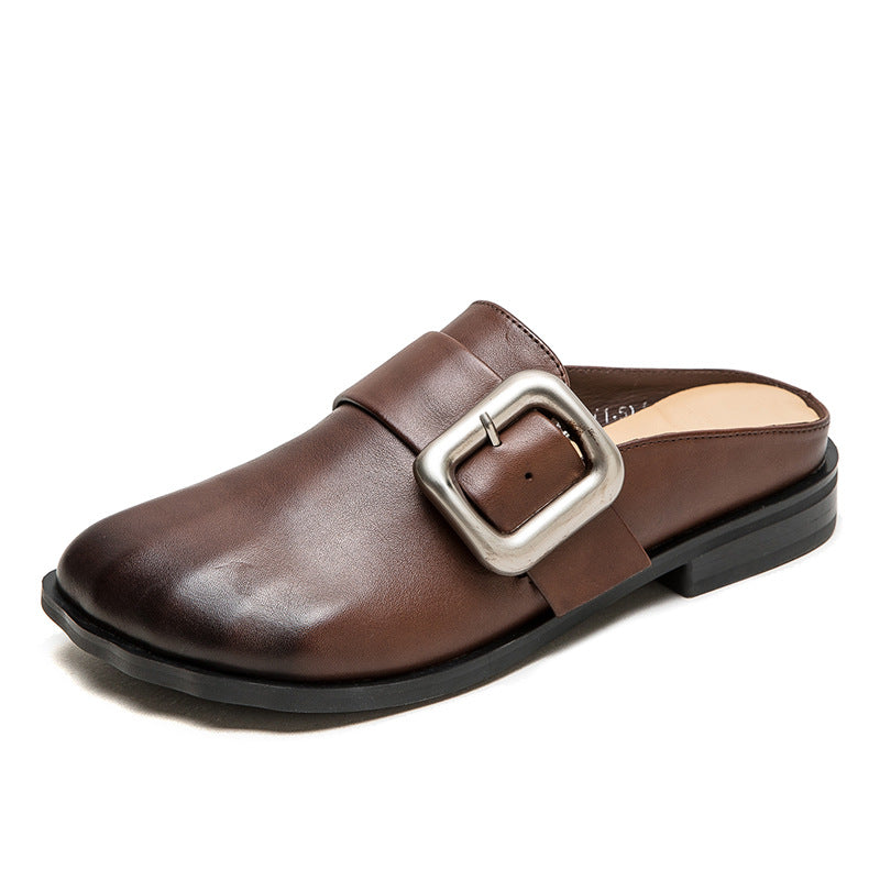 Women Retro Leather Casual Flat Mules-RAIIFY