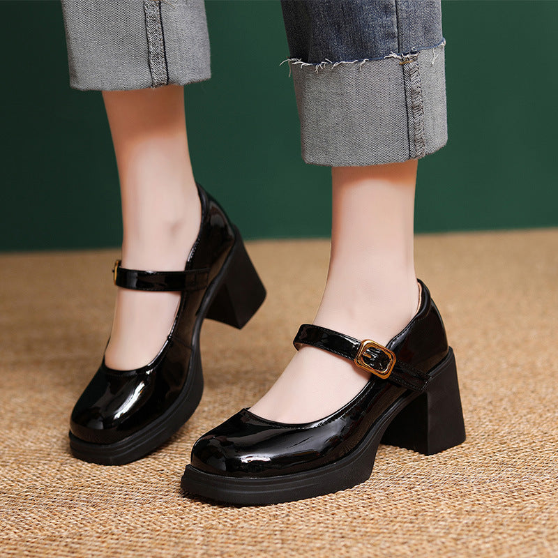 Women Minimalism Leather Chunky Heel Mary Jane Shoes-RAIIFY