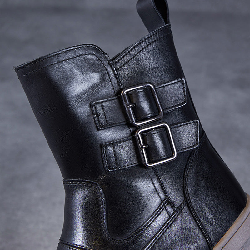 Women Minimalism Solid Leather Woolen Snow Boots-RAIIFY