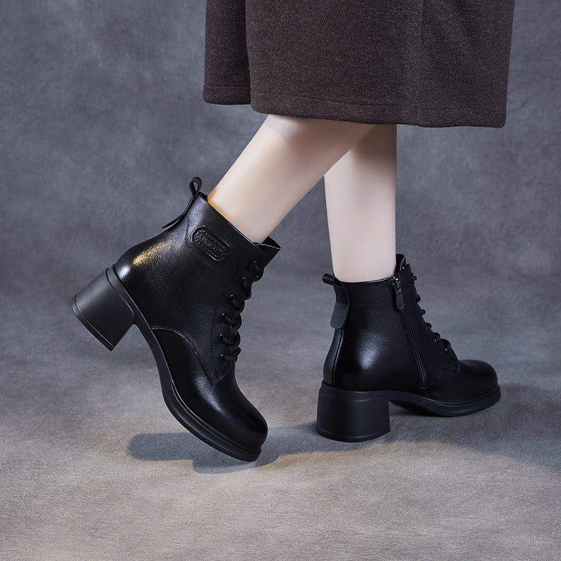 Women Classic Solid Leather Chunky Heel Ankle Boots-RAIIFY