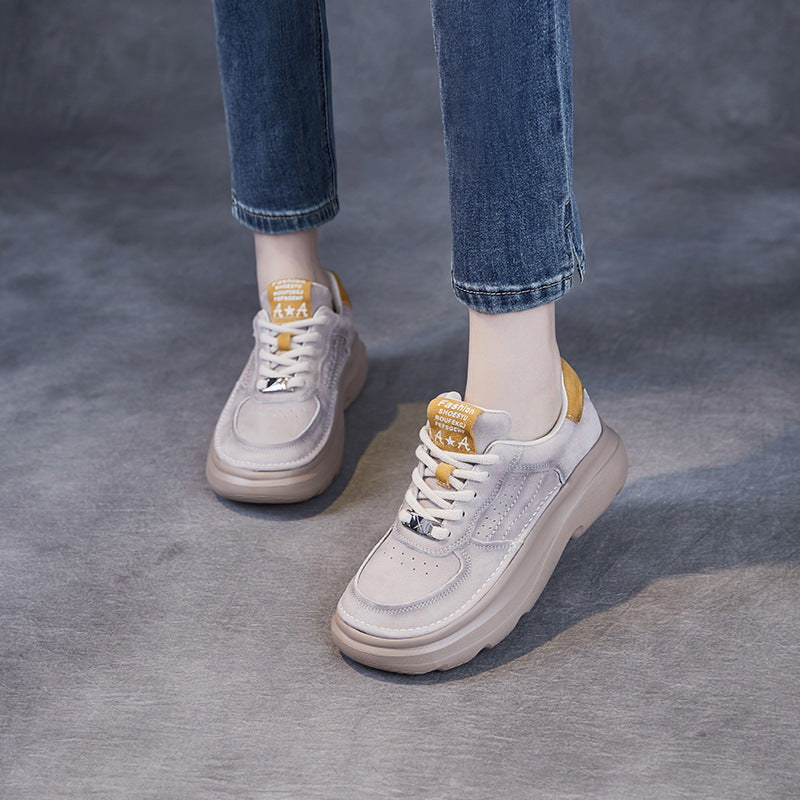 Women Genuine Leather Thick Sole Retro Lace Up Sneakers-RAIIFY