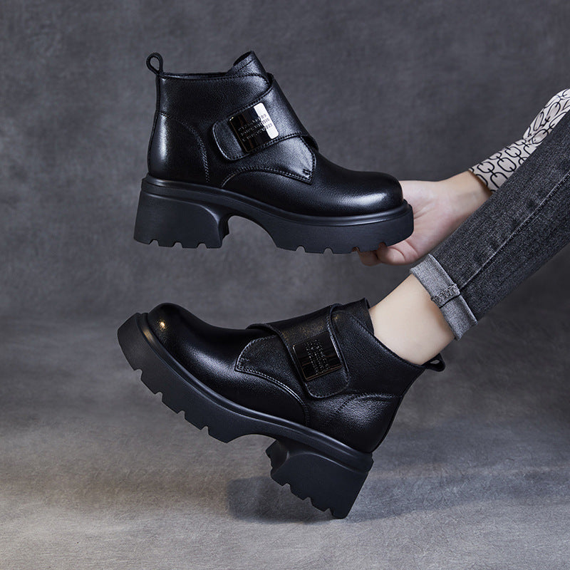 Women Retro Velcro Tape Leather Platform Ankle Boots-RAIIFY