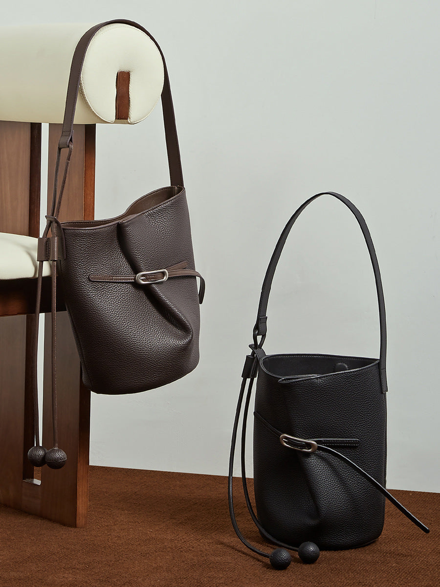 Women's Retro Plain Leather Bucket Bag-RAIIFY