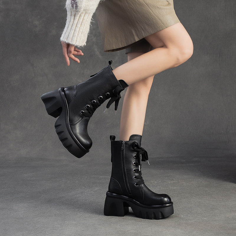 Women's Vintage Leather Chunky Platform Mid-Calf Boots-RAIIFY