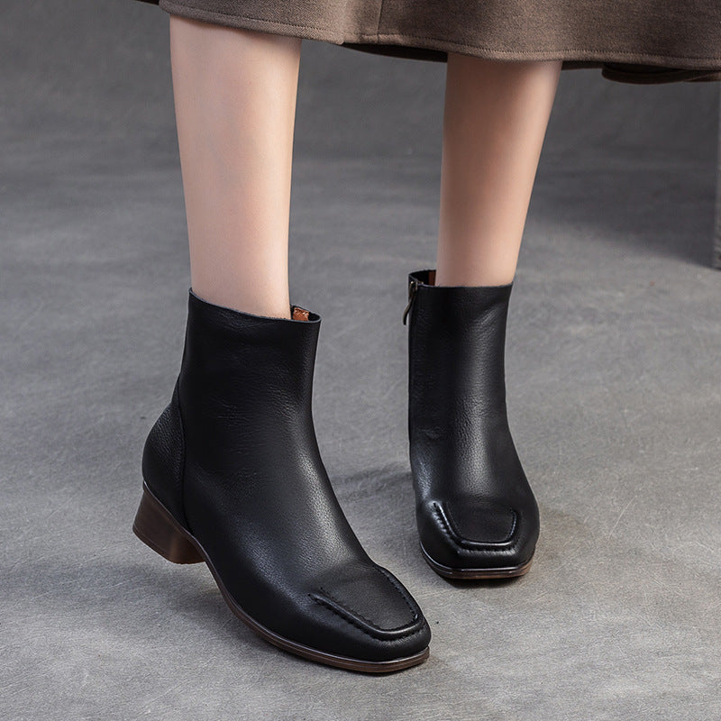 Women Vintage Solid Soft Leather Low Block Ankle Boots-RAIIFY