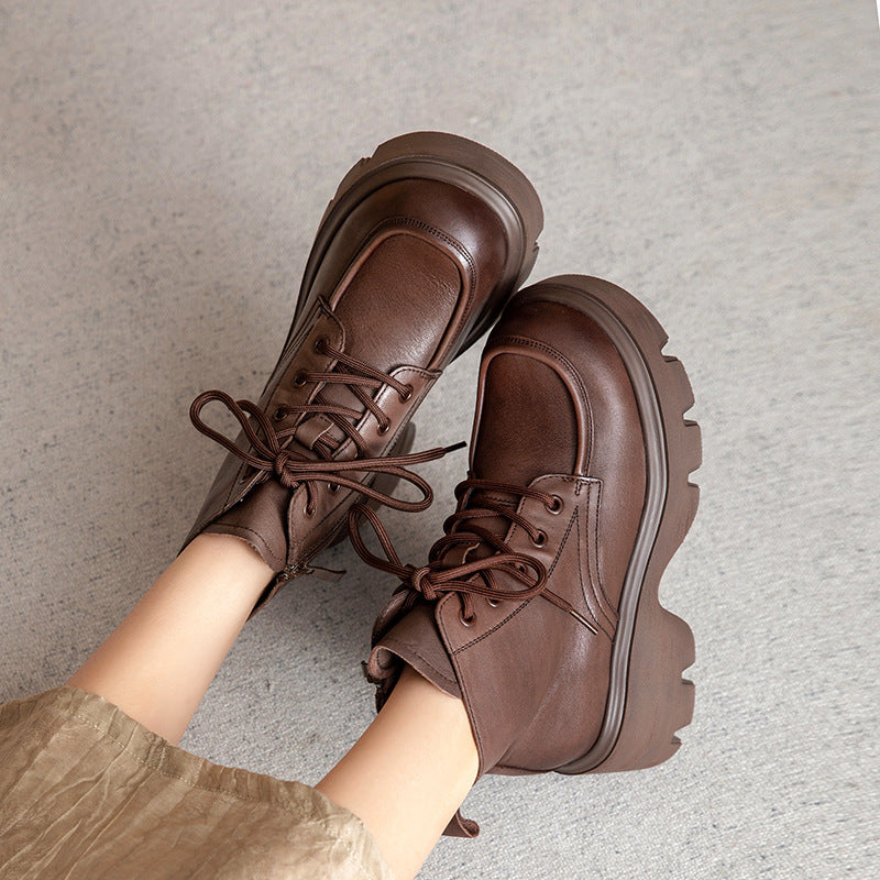 Women Retro Solid Leather Thick Soled Casual Boots-RAIIFY