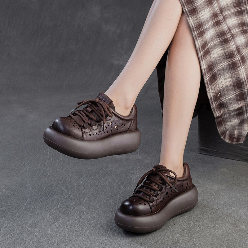 Women Plain Hollow Leather Platform Casual Shoes-RAIIFY